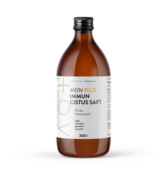 Flasche mit Aufschrift: Mein Plus . Immuns Cistus Saft